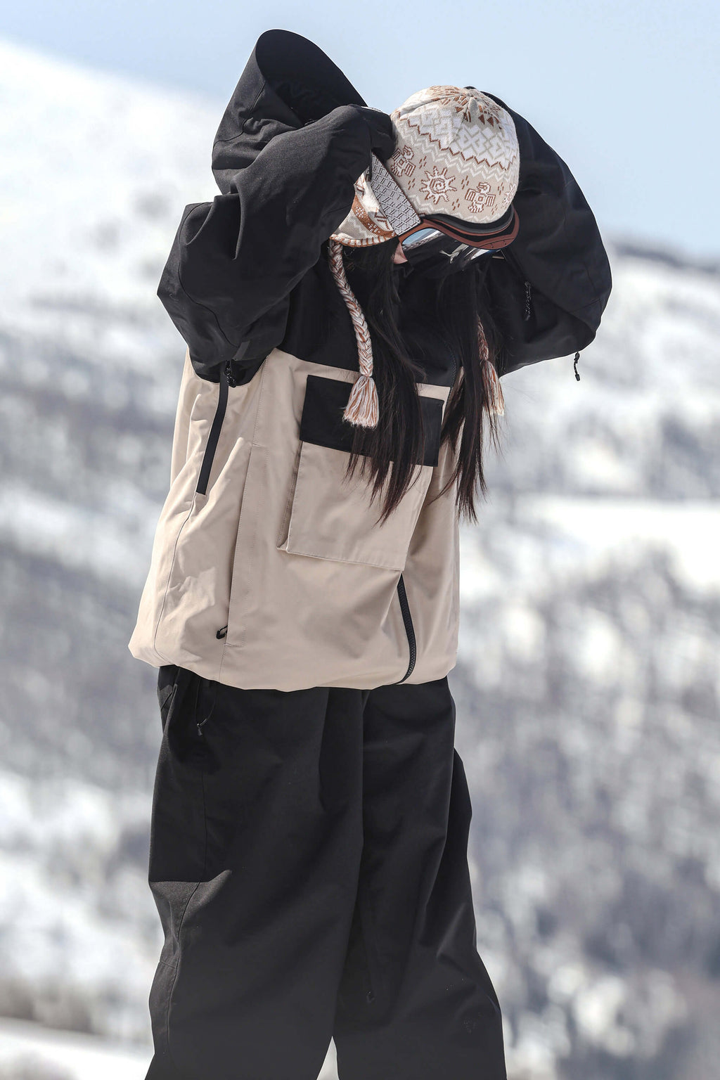 Women's Khaki & White Asym-Zip Multi-Pocket Ski Jacket Utility Waterproof Snow Jacket