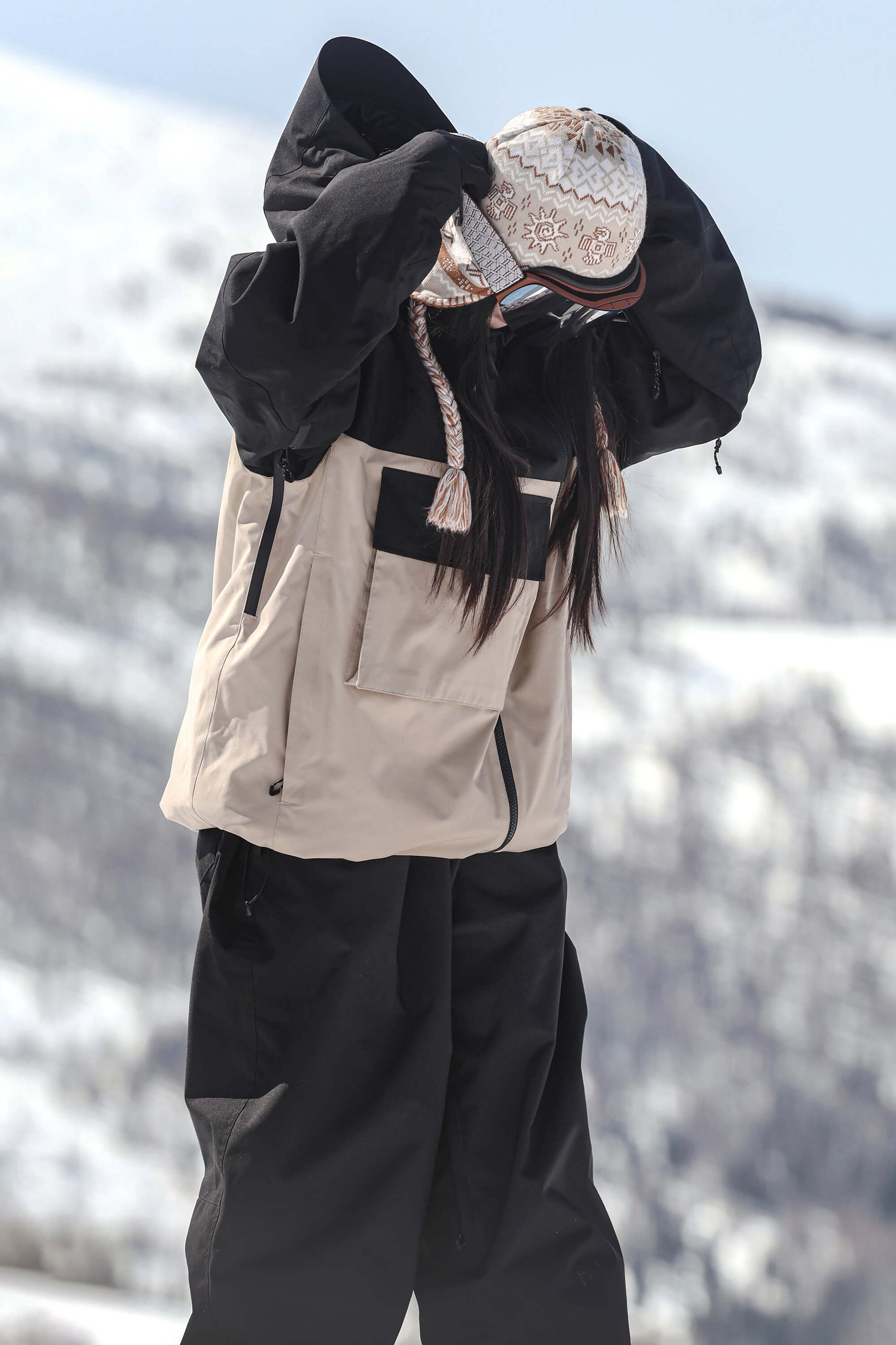 Women's Black & Coffee Asym-Zip Multi-Pocket Ski Jacket Utility Waterproof Snow Jacket