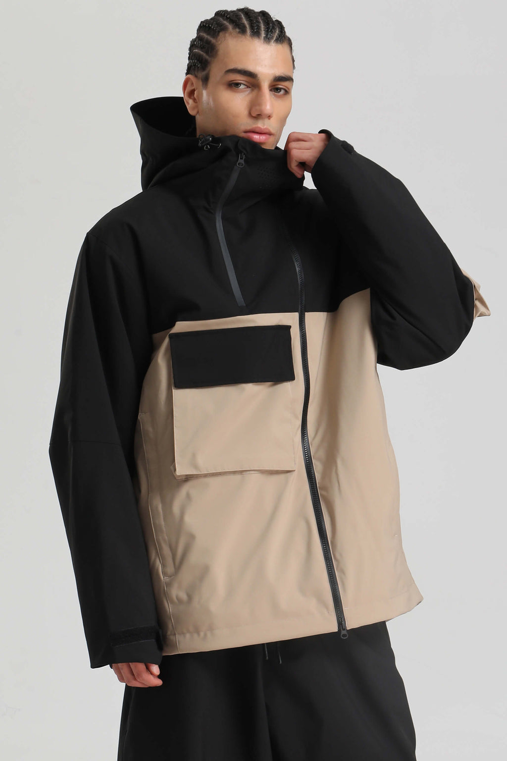 Men's Khaki & White Asym-Zip Multi-Pocket Ski Jacket Utility Waterproof Snow Jacket