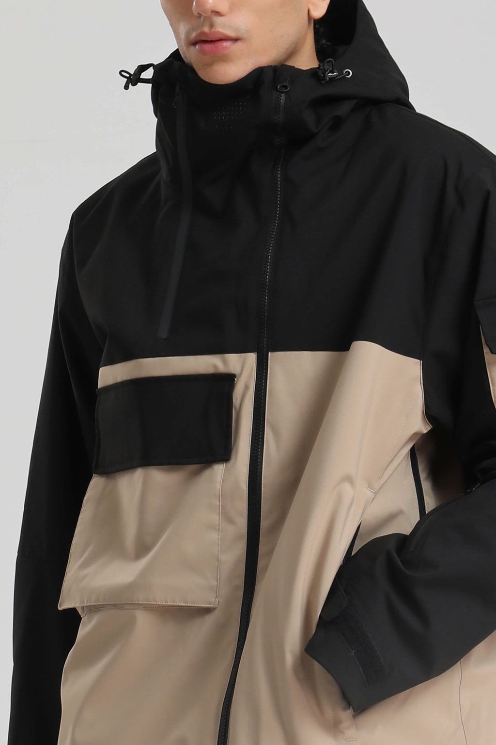 Men's Black & Khaki Asym-Zip Multi-Pocket Ski Jacket Utility Waterproof Snow Jacket