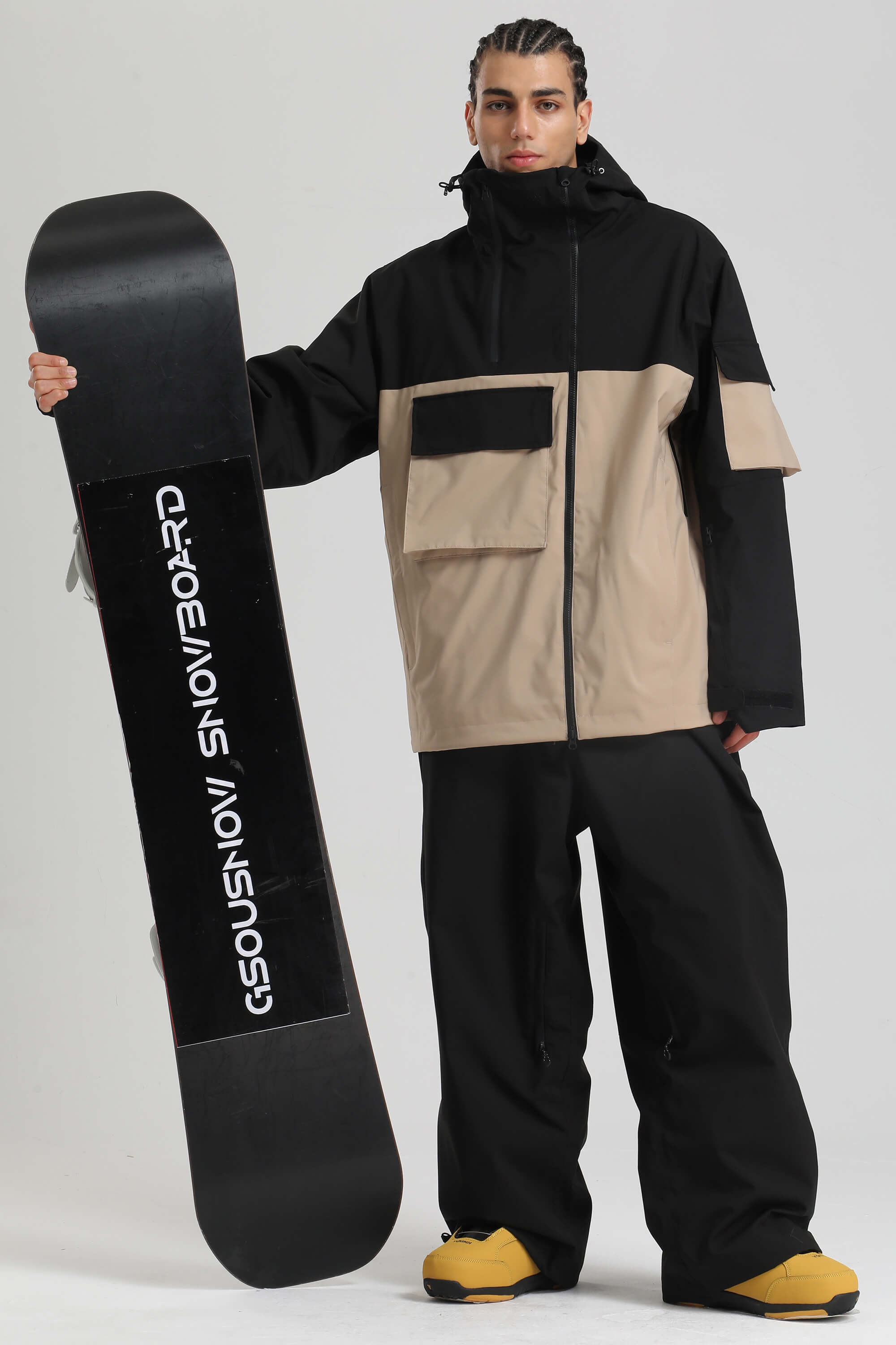 Men's Black & Khaki Asym-Zip Multi-Pocket Ski Jacket Utility Waterproof Snow Jacket
