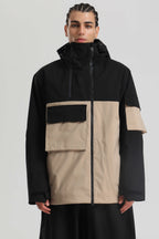 Men's Black & Khaki Asym-Zip Multi-Pocket Ski Jacket Utility Waterproof Snow Jacket