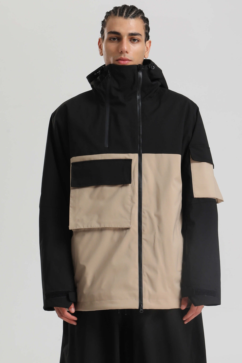 Men's Off White Asym-Zip Multi-Pocket Ski Jacket Utility Waterproof Snow Jacket