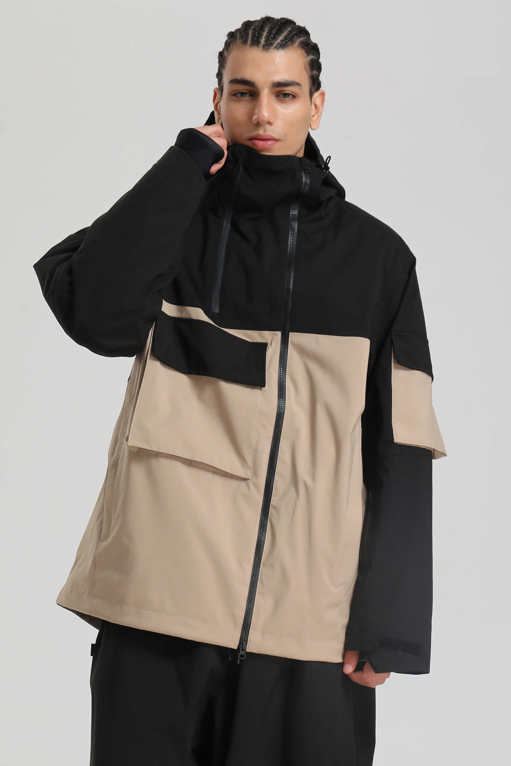 Men's Black & Khaki Asym-Zip Multi-Pocket Ski Jacket Utility Waterproof Snow Jacket