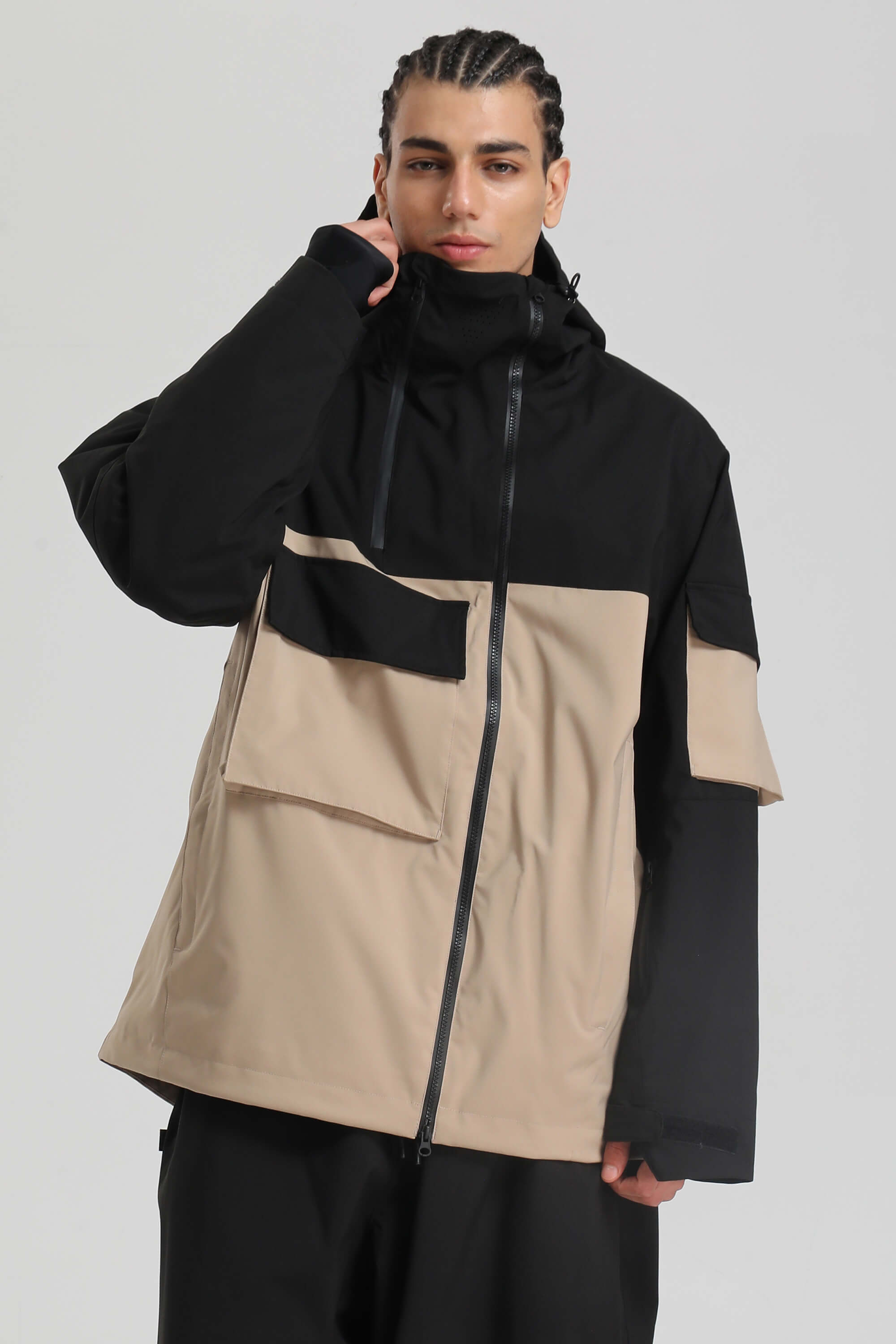Men's Black & Khaki Asym-Zip Multi-Pocket Ski Jacket Utility Waterproof Snow Jacket