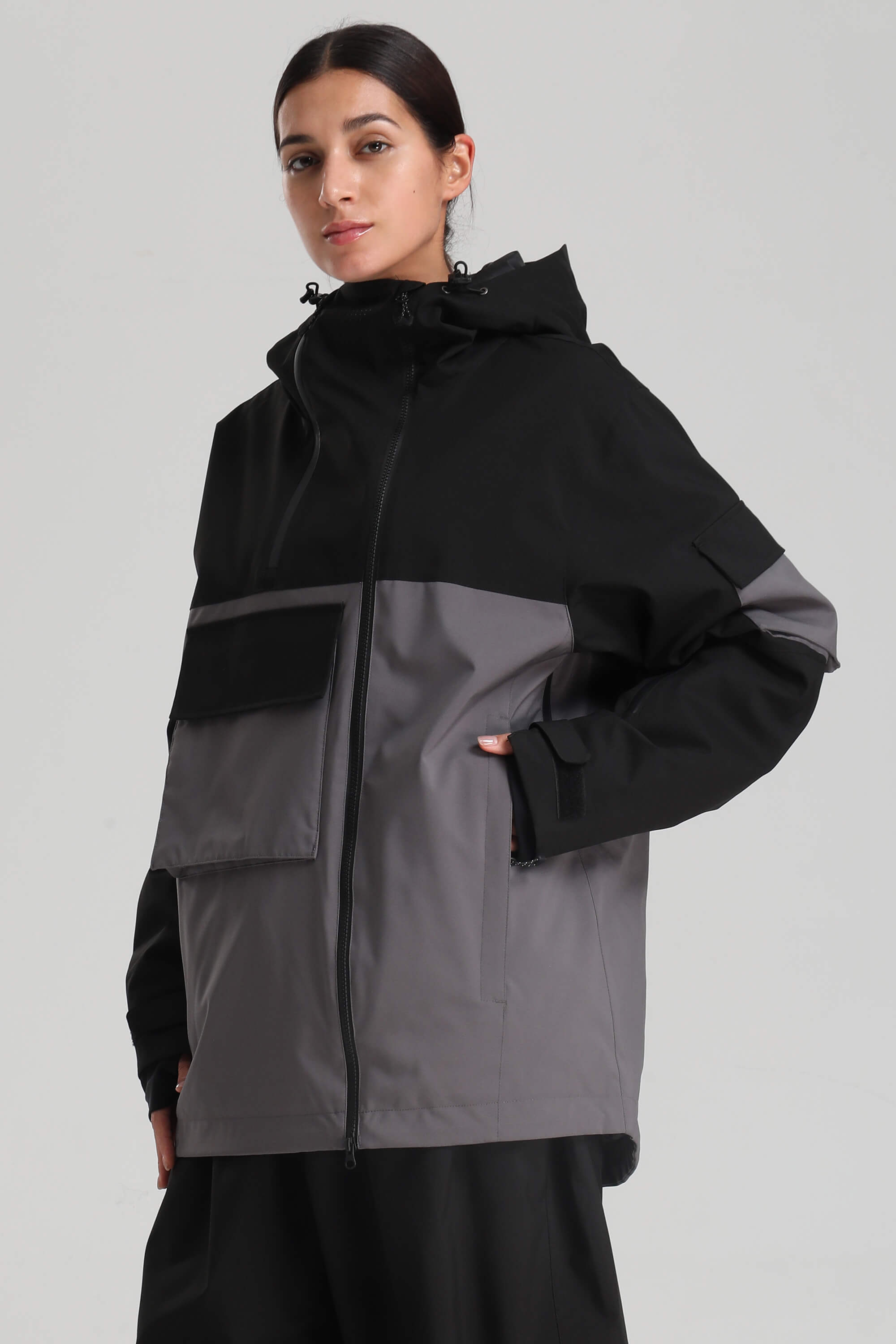Women's Khaki & White Asym-Zip Multi-Pocket Ski Jacket Utility Waterproof Snow Jacket