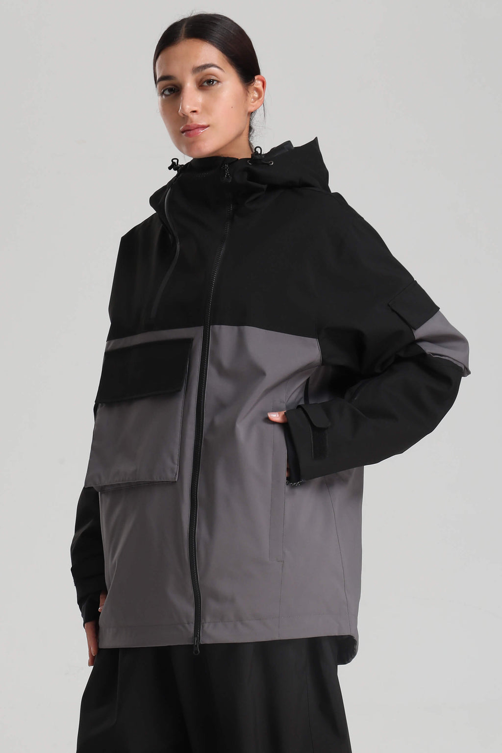 Women's Green & Black Asym-Zip Multi-Pocket Ski Jacket Utility Waterproof Snow Jacket