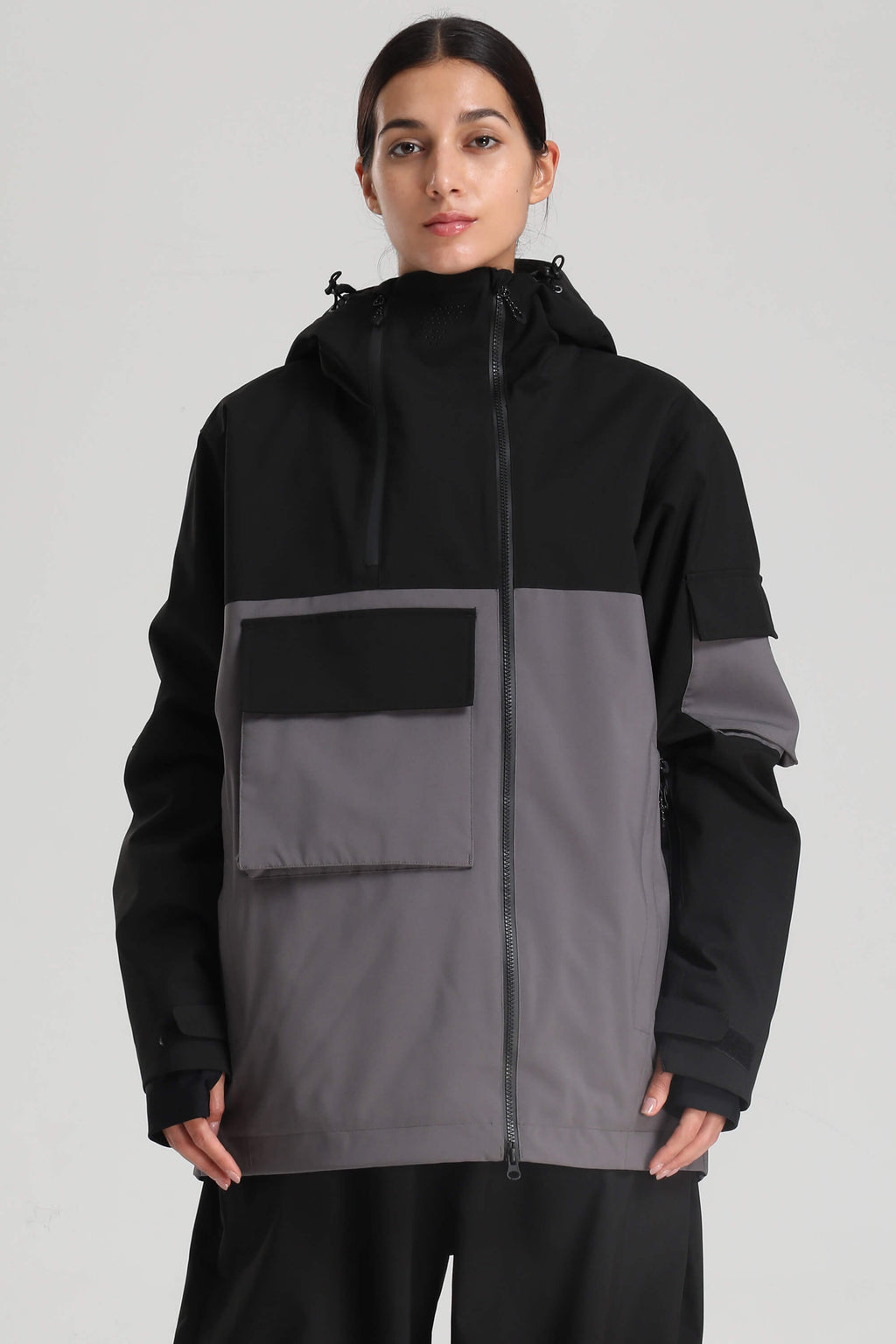 Women's White & Black Asym-Zip Multi-Pocket Ski Jacket Utility Waterproof Snow Jacket