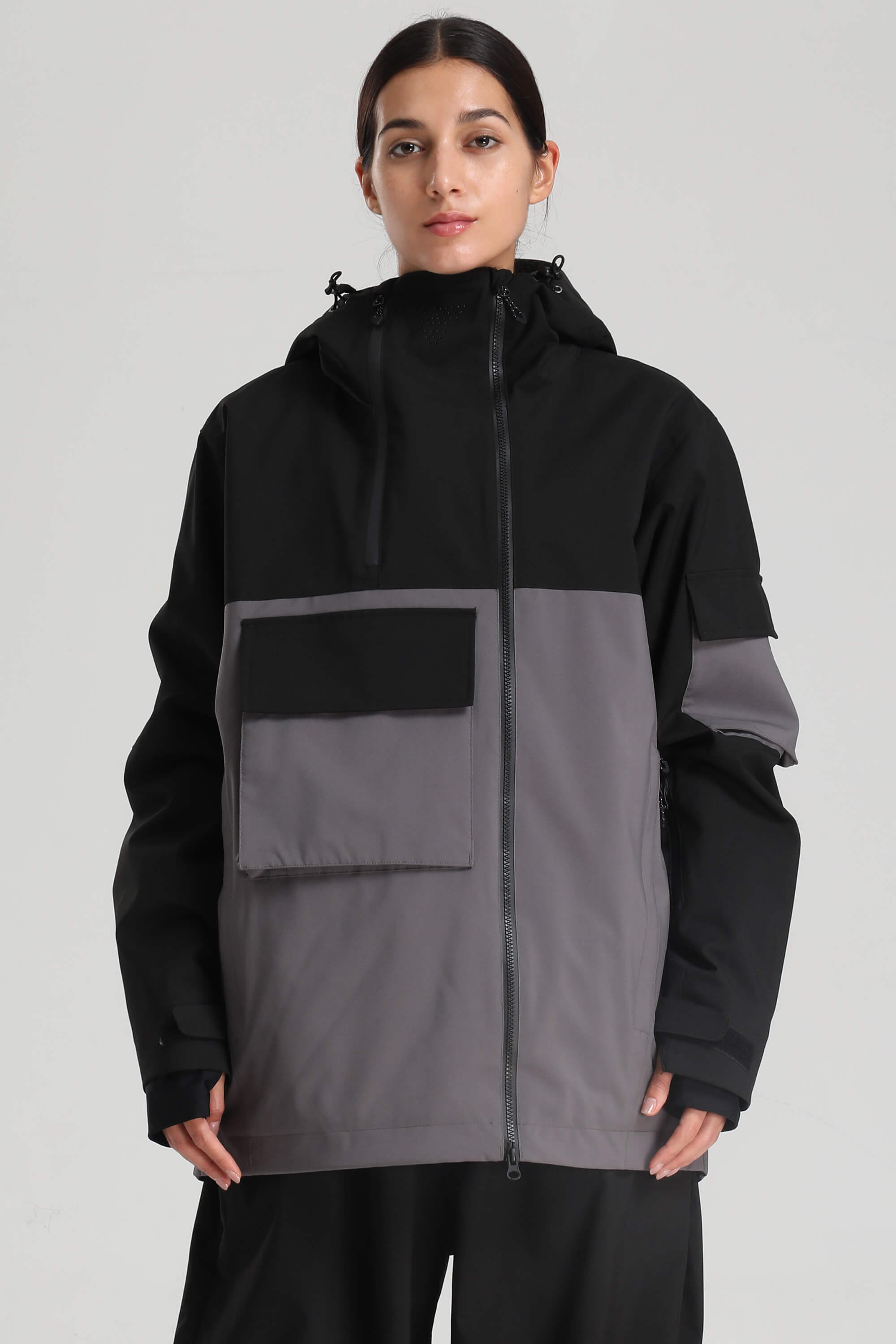 Women's Off White Asym-Zip Multi-Pocket Ski Jacket Utility Waterproof Snow Jacket