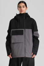 Women's Khaki & White Asym-Zip Multi-Pocket Ski Jacket Utility Waterproof Snow Jacket