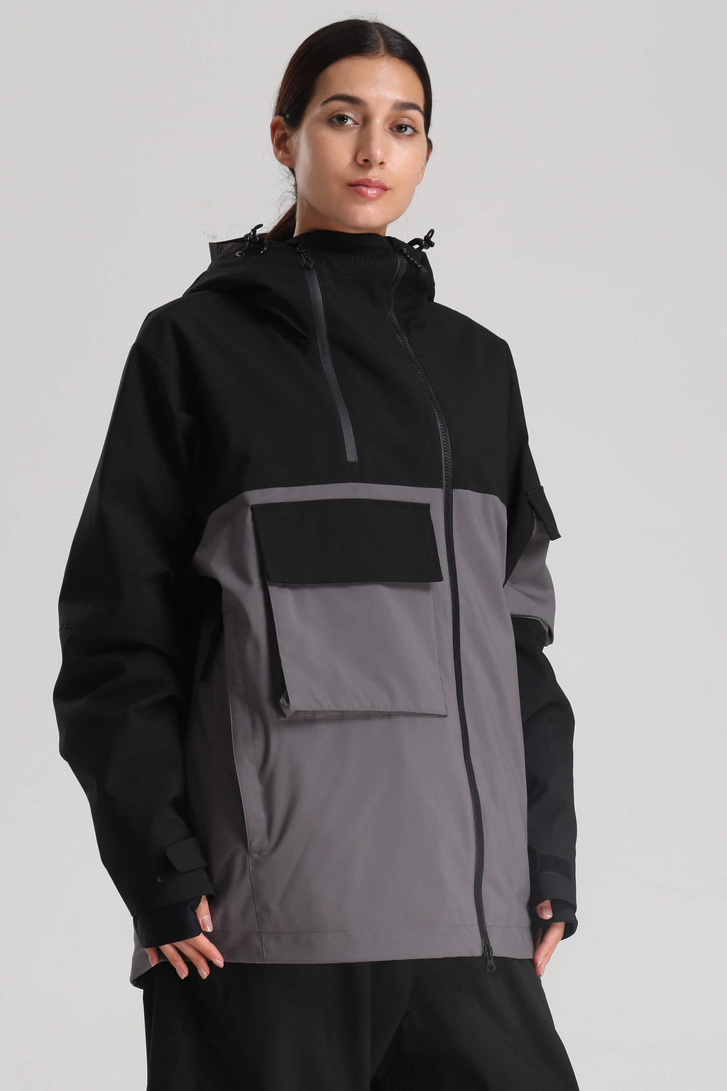 Women's Black & Grey Asym-Zip Multi-Pocket Ski Jacket Utility Waterproof Snow Jacket