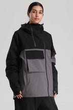 Women's Black & Grey Asym-Zip Multi-Pocket Ski Jacket Utility Waterproof Snow Jacket