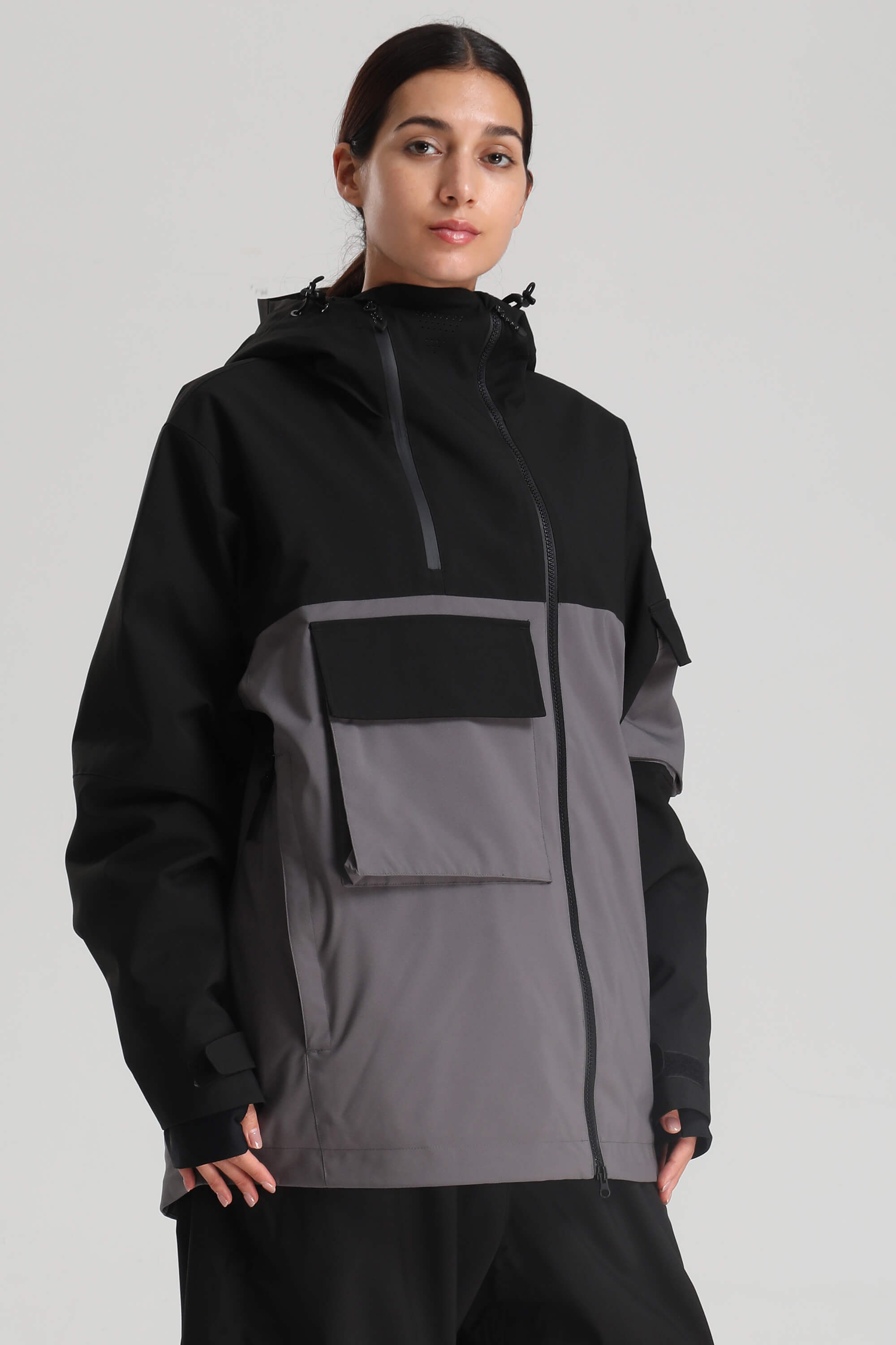 Women's Black & Grey Asym-Zip Multi-Pocket Ski Jacket Utility Waterproof Snow Jacket