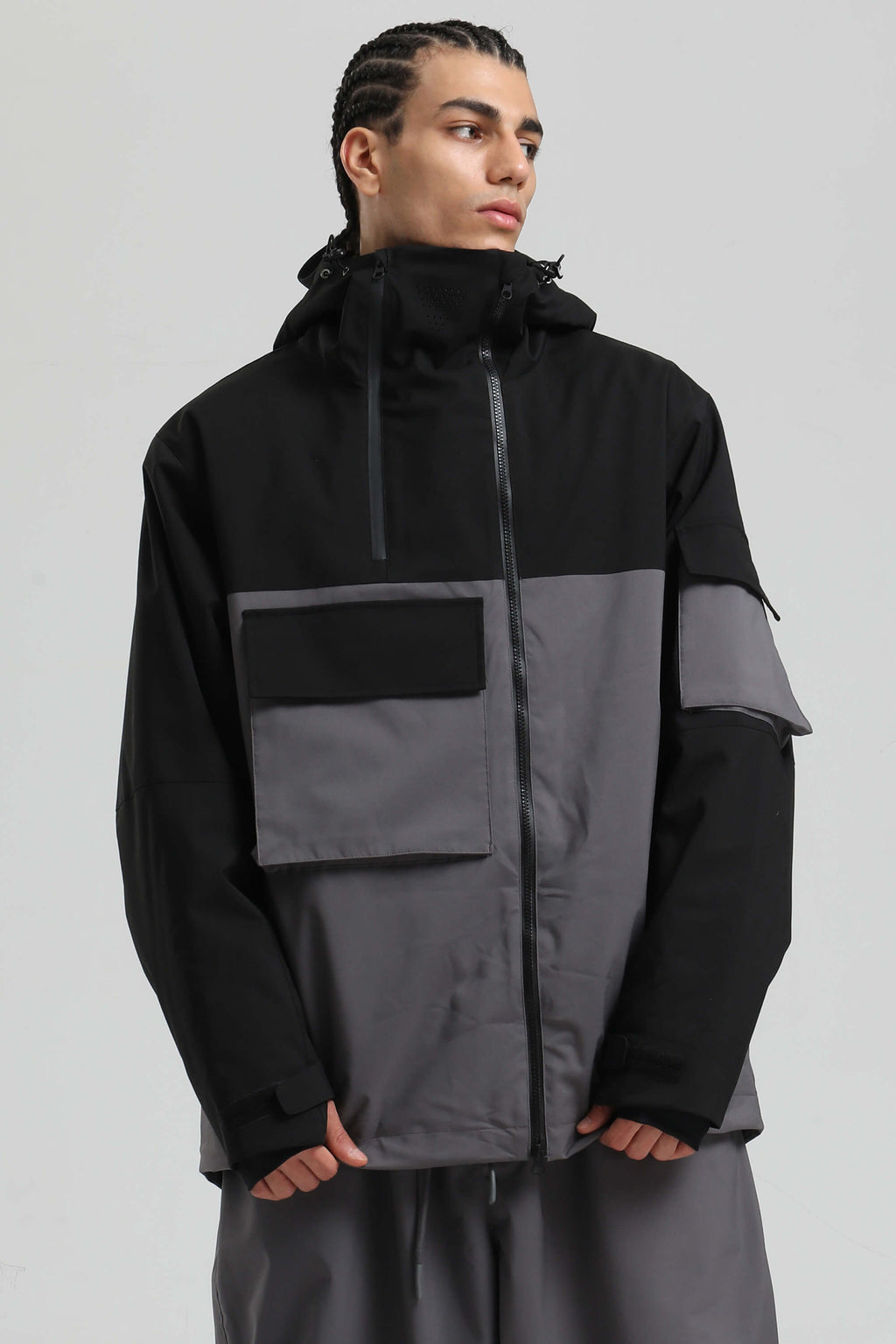 Men's Black Asym-Zip Multi-Pocket Ski Jacket Utility Waterproof Snow Jacket