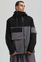 Men's Black Asym-Zip Multi-Pocket Ski Jacket Utility Waterproof Snow Jacket