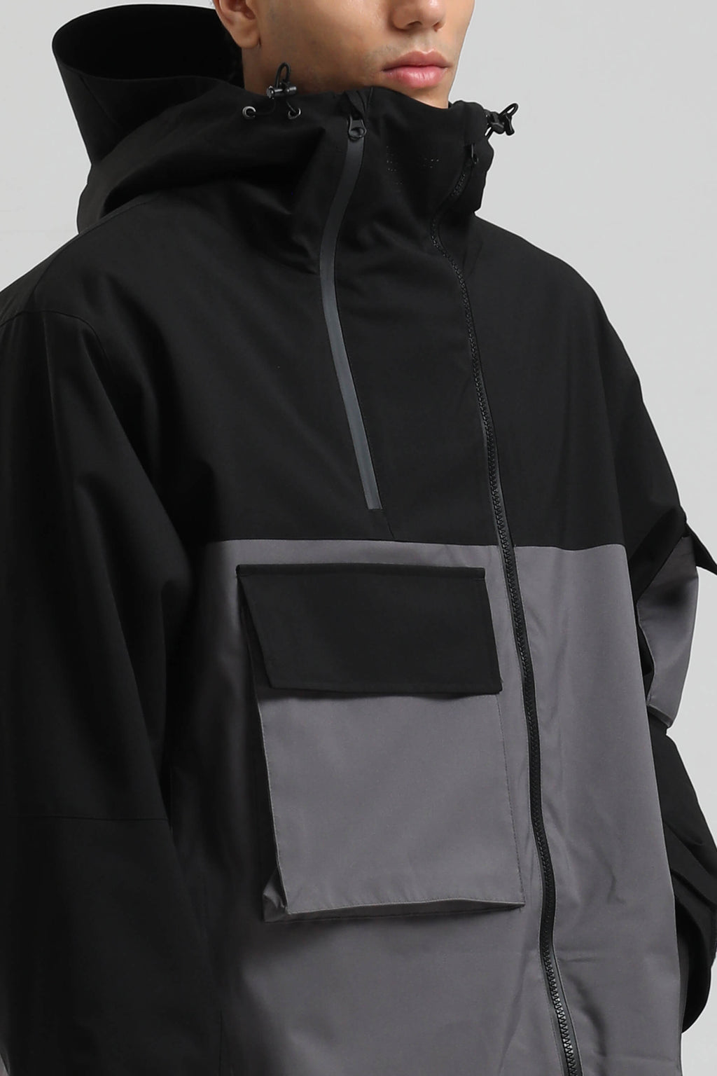 Men's Black & Grey Asym-Zip Multi-Pocket Ski Jacket Utility Waterproof Snow Jacket