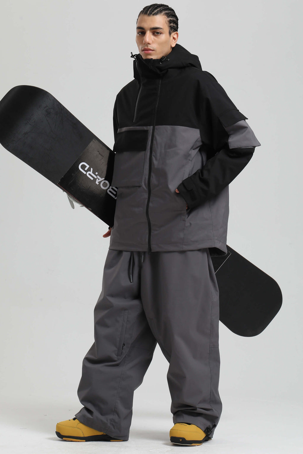 Men's Black & Grey Asym-Zip Multi-Pocket Ski Jacket Utility Waterproof Snow Jacket