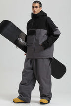 Men's Black & Grey Asym-Zip Multi-Pocket Ski Jacket Utility Waterproof Snow Jacket
