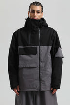 Men's Black & Grey Asym-Zip Multi-Pocket Ski Jacket Utility Waterproof Snow Jacket