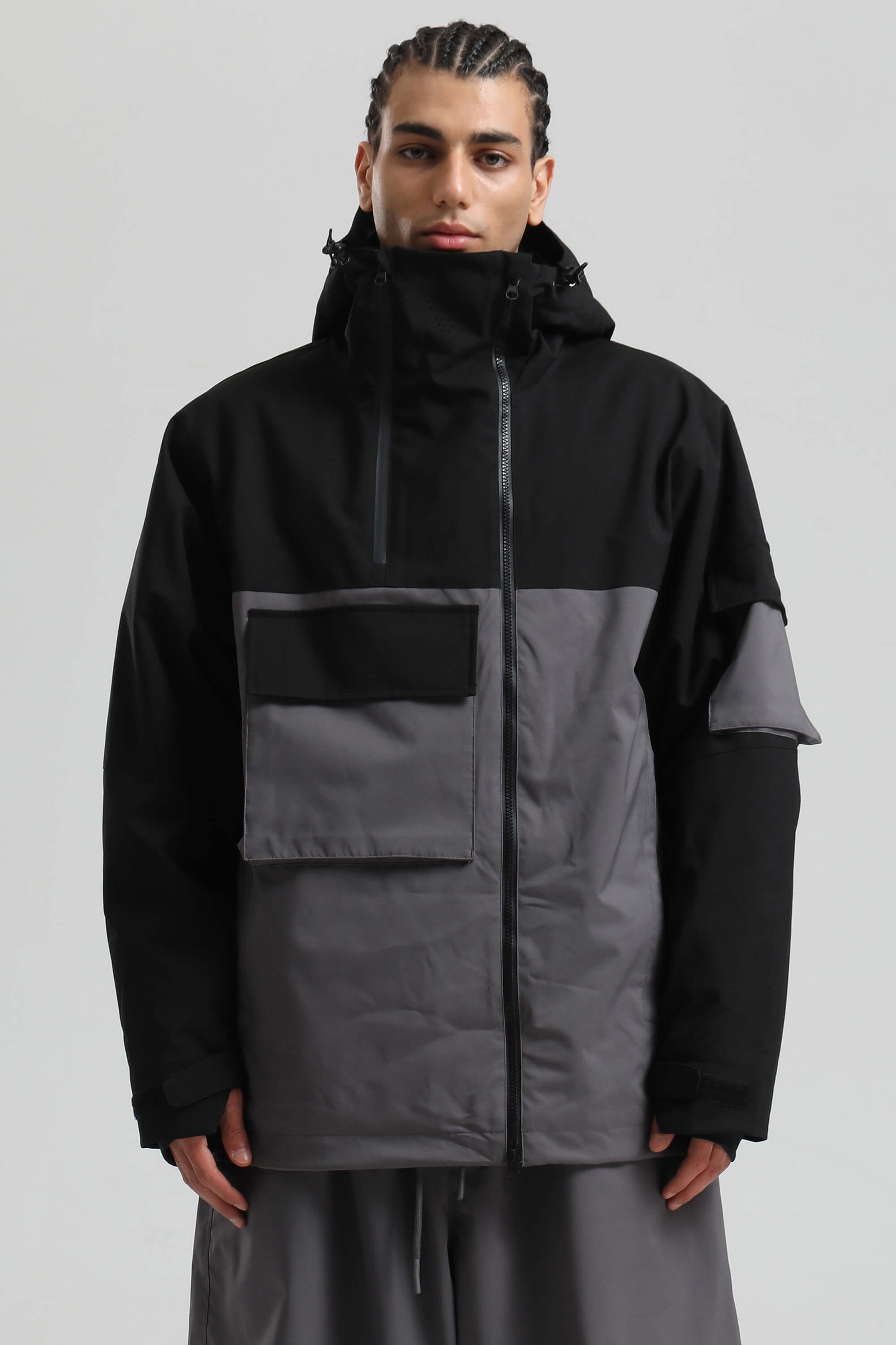Men's Black & Grey Asym-Zip Multi-Pocket Ski Jacket Utility Waterproof Snow Jacket