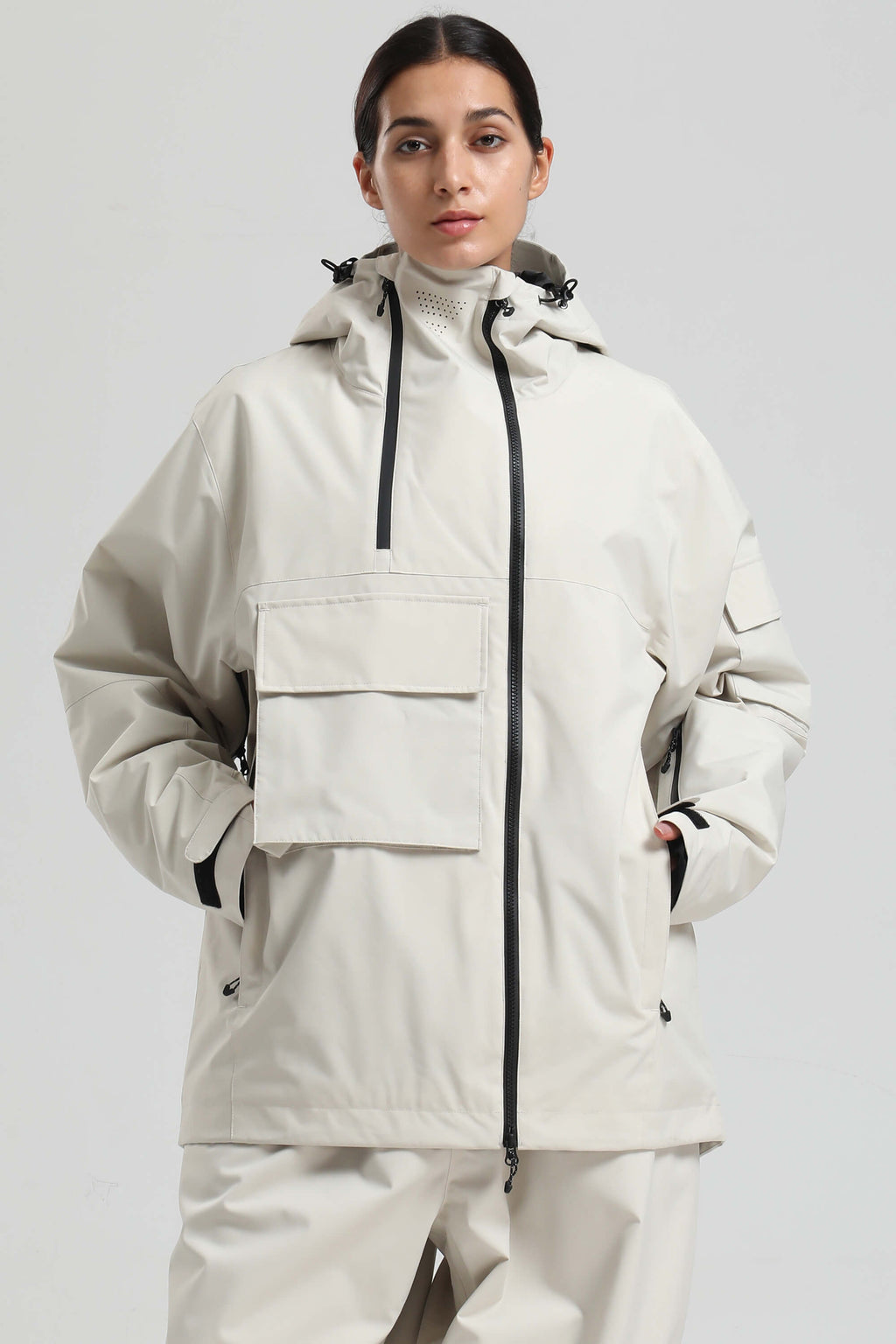 Women's Off White Asym-Zip Multi-Pocket Ski Jacket Utility Waterproof Snow Jacket