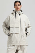 Women's Black & Grey Asym-Zip Multi-Pocket Ski Jacket Utility Waterproof Snow Jacket