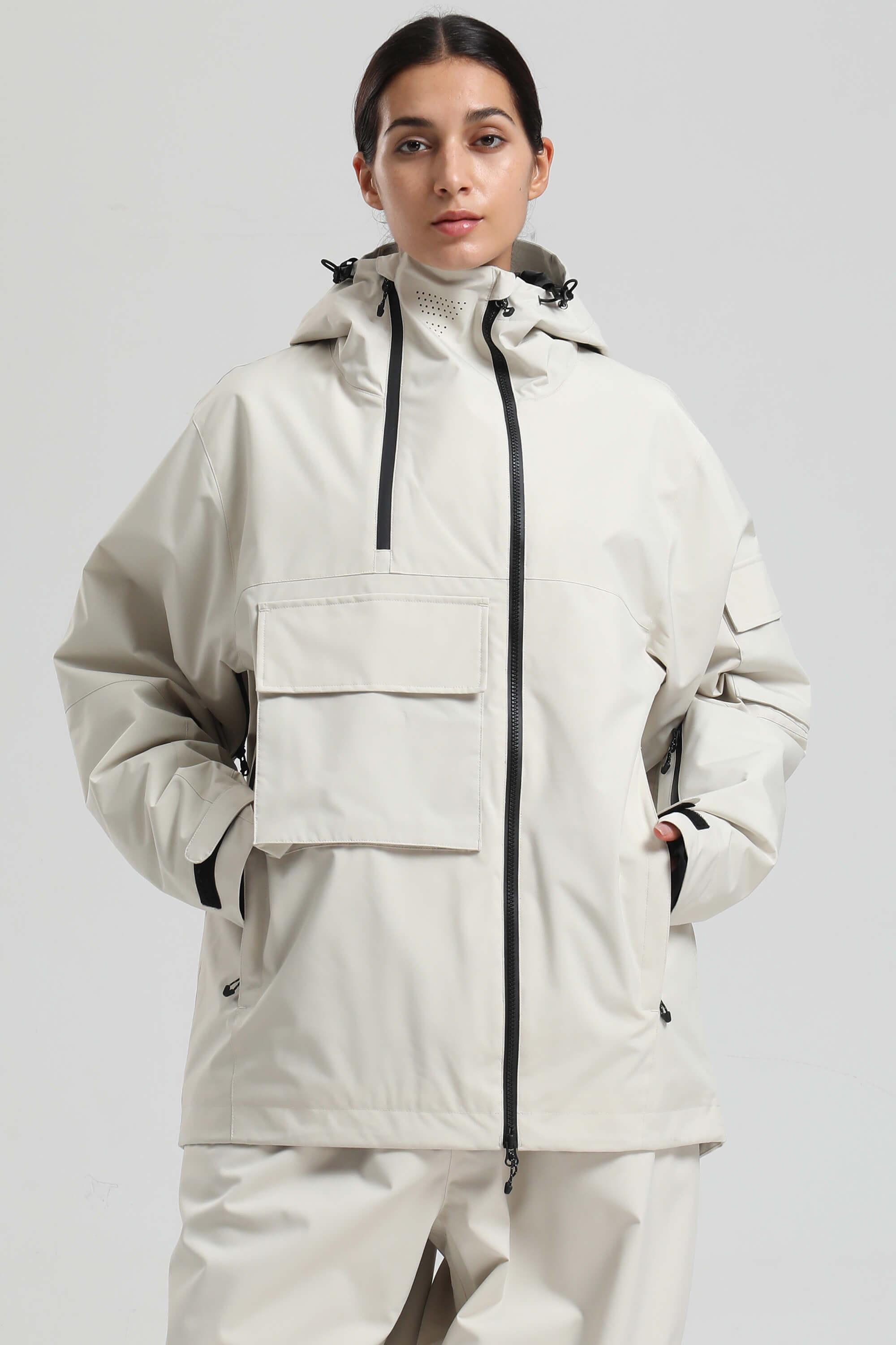 Women's Khaki & White Asym-Zip Multi-Pocket Ski Jacket Utility Waterproof Snow Jacket