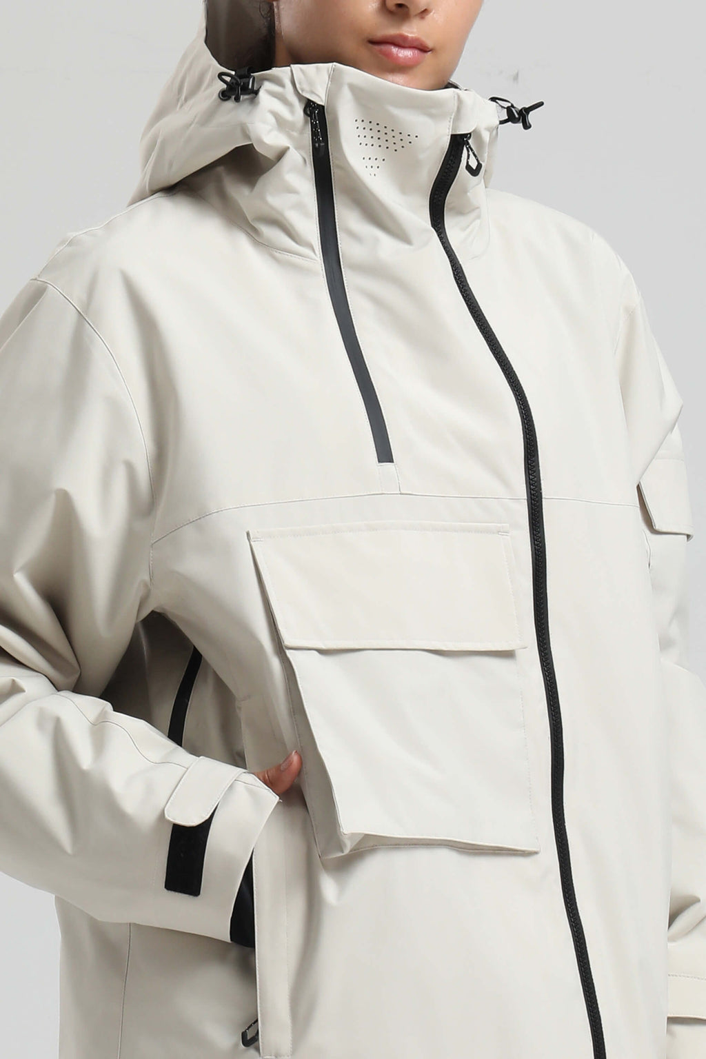 Women's Off White Asym-Zip Multi-Pocket Ski Jacket Utility Waterproof Snow Jacket