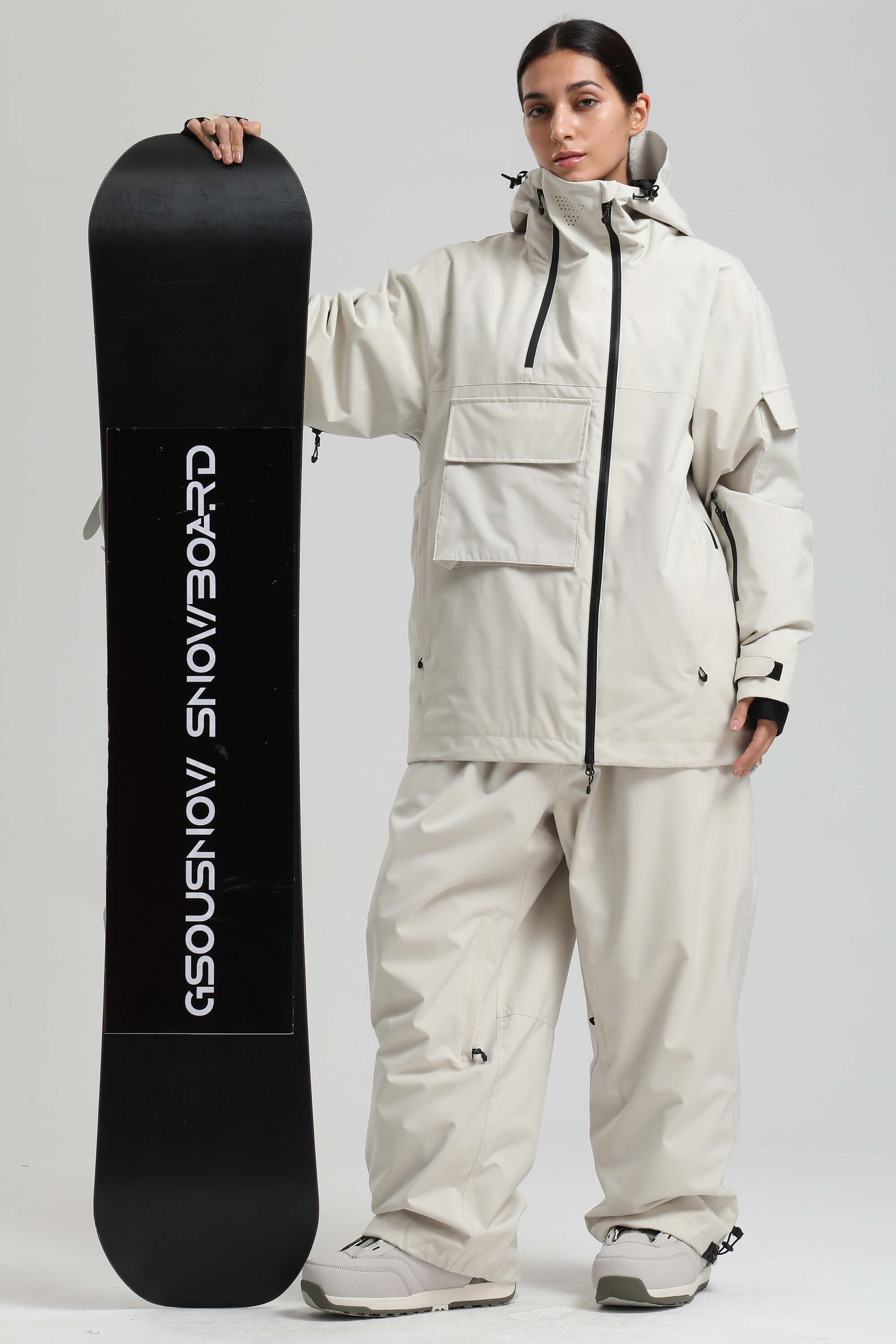 Women's Off White Asym-Zip Multi-Pocket Ski Jacket Utility Waterproof Snow Jacket