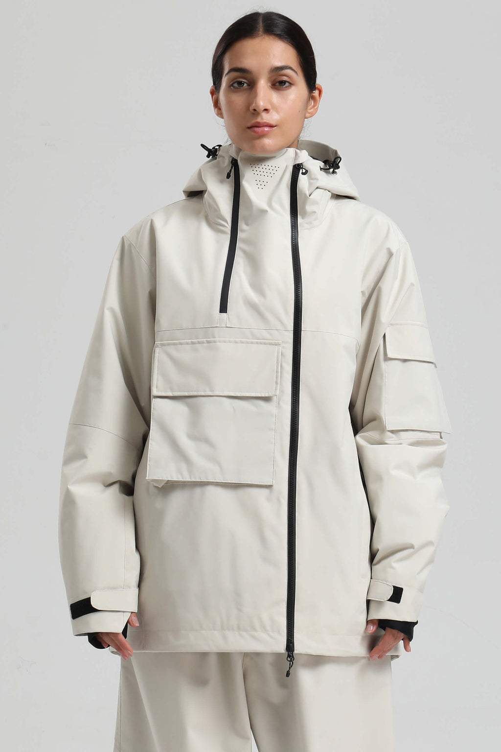 Women's Off White Asym-Zip Multi-Pocket Ski Jacket Utility Waterproof Snow Jacket