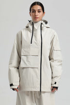 Women's Off White Asym-Zip Multi-Pocket Ski Jacket Utility Waterproof Snow Jacket