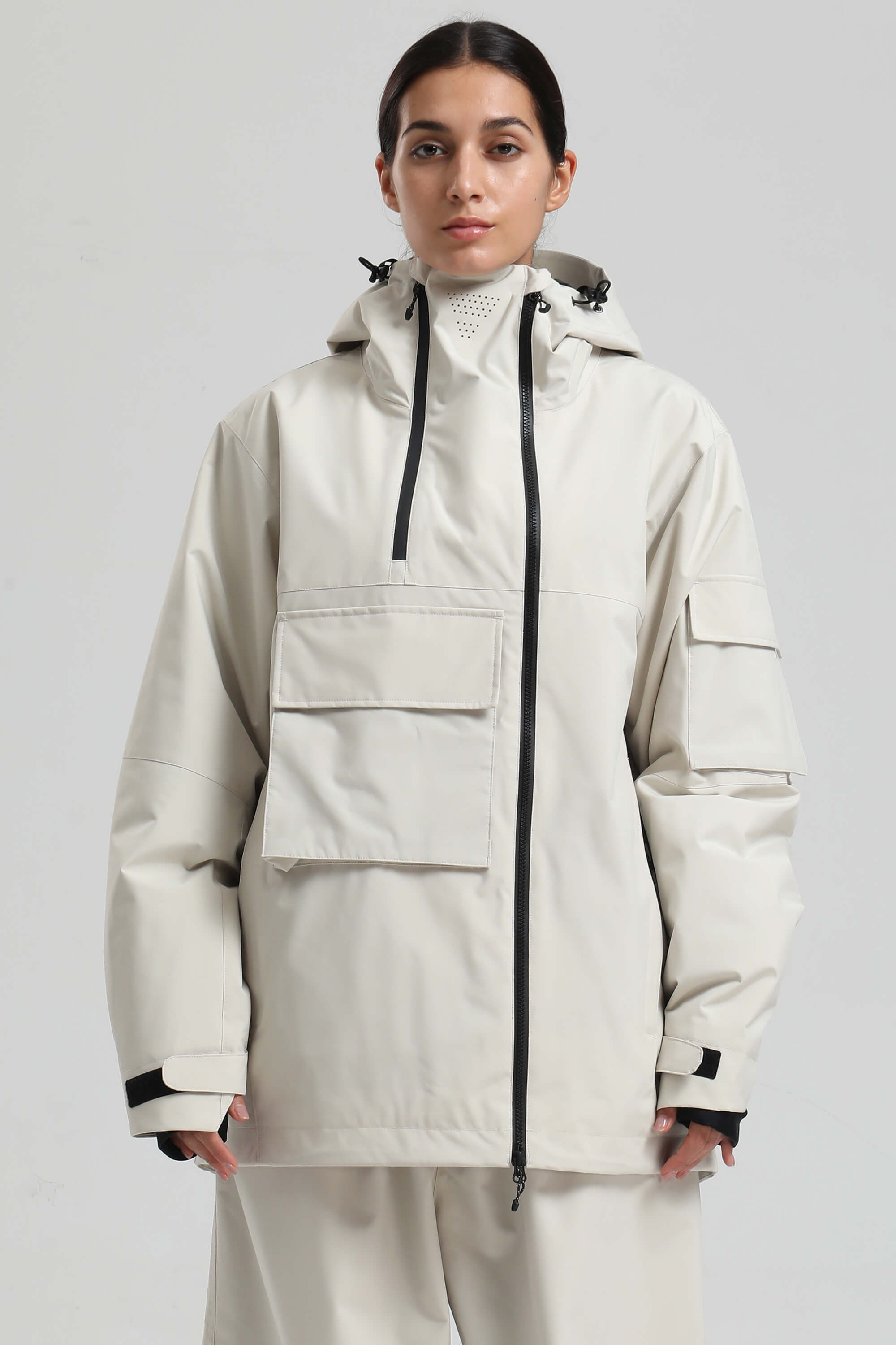 Women's Off White Asym-Zip Multi-Pocket Ski Jacket Utility Waterproof Snow Jacket