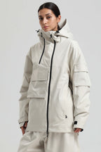 Women's Khaki & White Asym-Zip Multi-Pocket Ski Jacket Utility Waterproof Snow Jacket