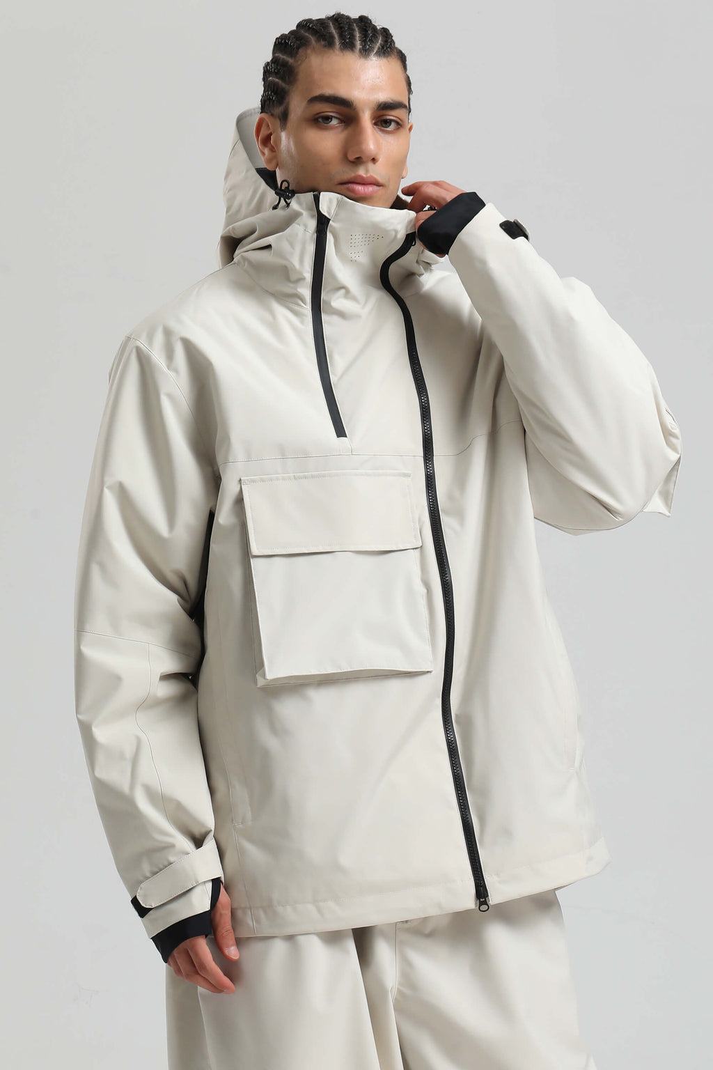 Men's Off White Asym-Zip Multi-Pocket Ski Jacket Utility Waterproof Snow Jacket