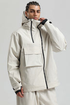 Men's Off White Asym-Zip Multi-Pocket Ski Jacket Utility Waterproof Snow Jacket