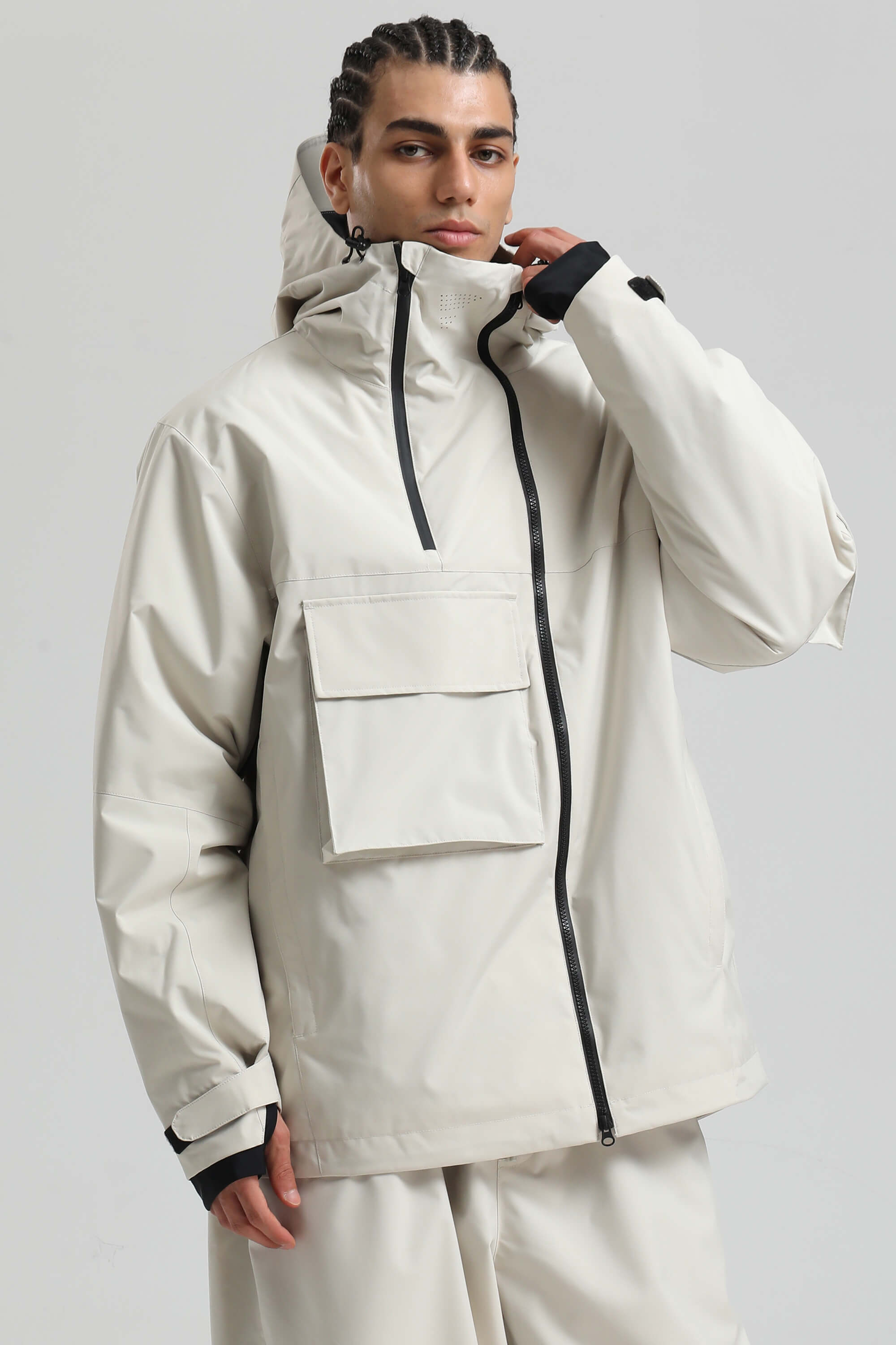 Men's Off White Asym-Zip Multi-Pocket Ski Jacket Utility Waterproof Snow Jacket