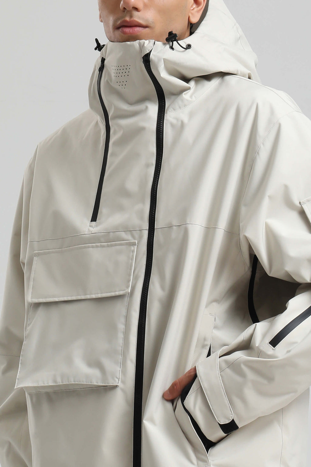 Men's Off White Asym-Zip Multi-Pocket Ski Jacket Utility Waterproof Snow Jacket