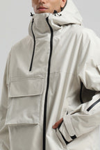 Men's Off White Asym-Zip Multi-Pocket Ski Jacket Utility Waterproof Snow Jacket