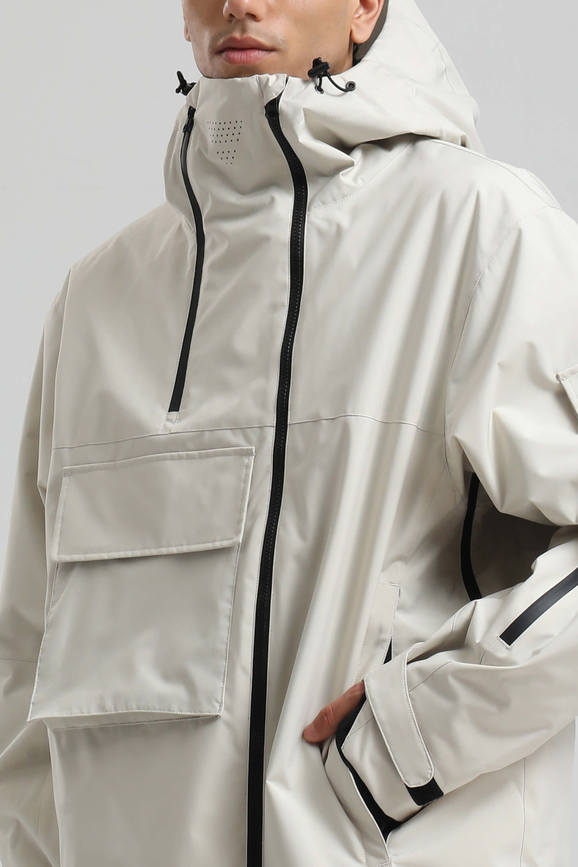 Men's Off White Asym-Zip Multi-Pocket Ski Jacket Utility Waterproof Snow Jacket
