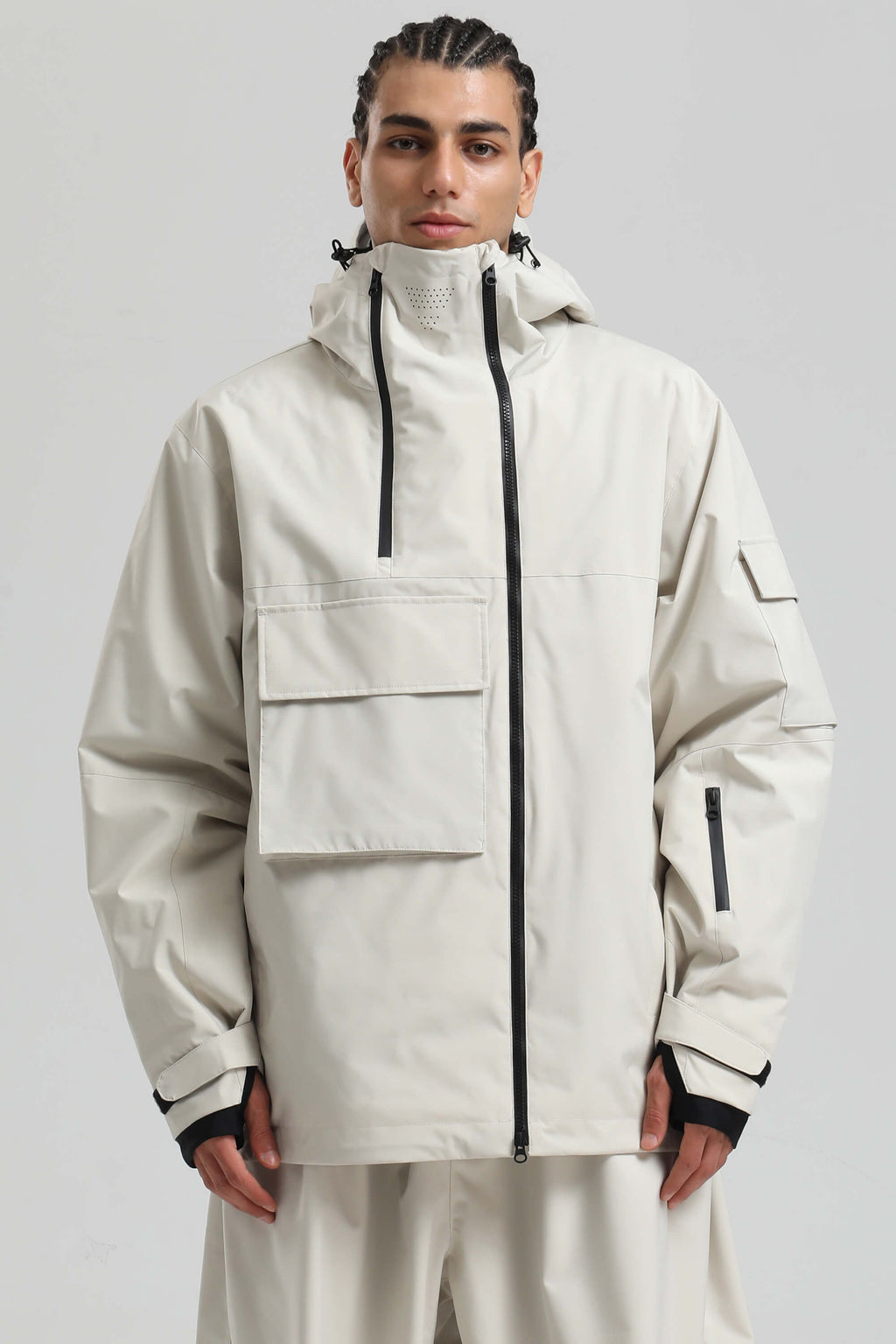 Men's Off White Asym-Zip Multi-Pocket Ski Jacket Utility Waterproof Snow Jacket