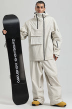 Men's Off White Asym-Zip Multi-Pocket Ski Jacket Utility Waterproof Snow Jacket