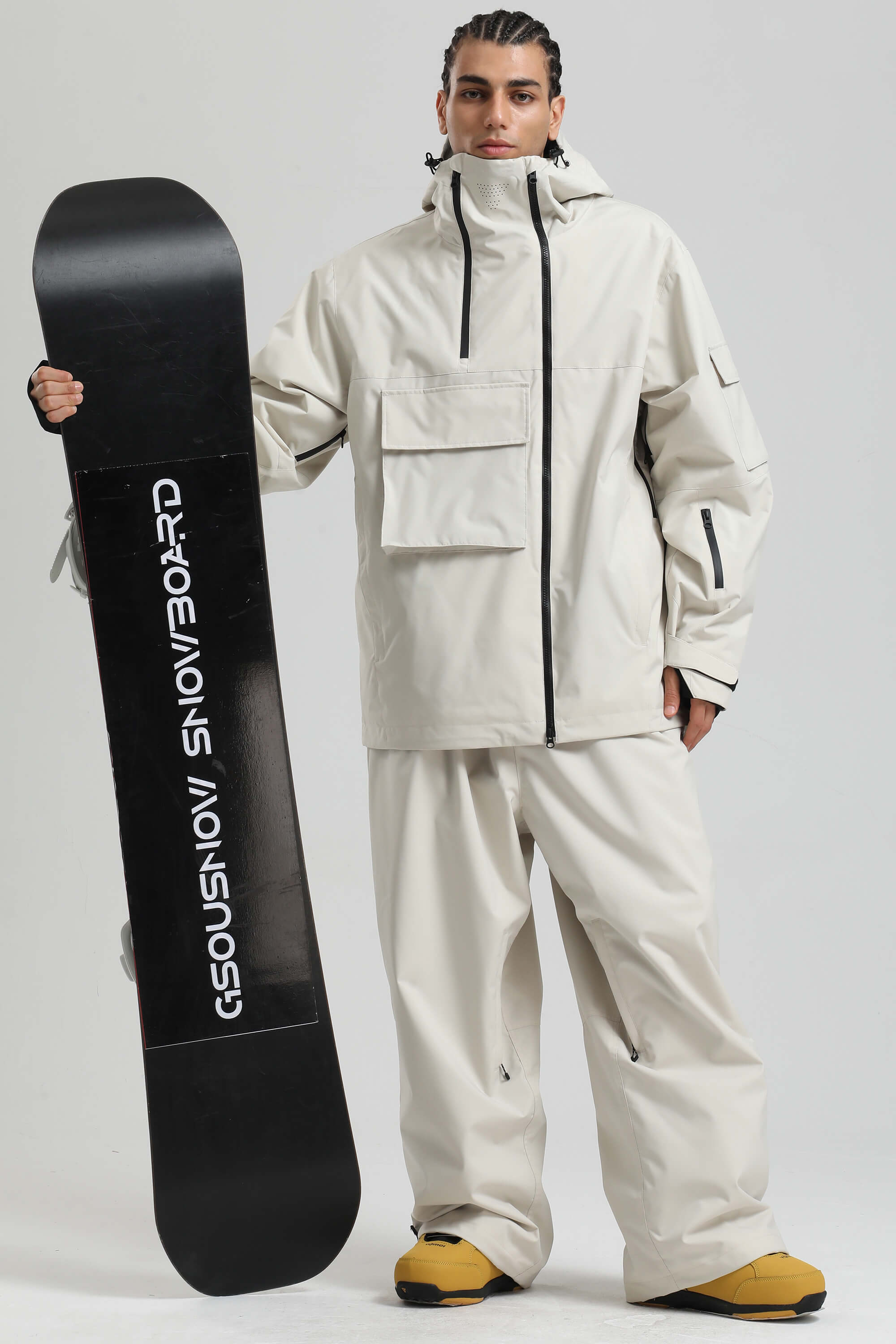 Men's Off White Asym-Zip Multi-Pocket Ski Jacket Utility Waterproof Snow Jacket