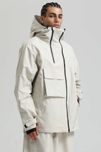 Men's Off White Asym-Zip Multi-Pocket Ski Jacket Utility Waterproof Snow Jacket