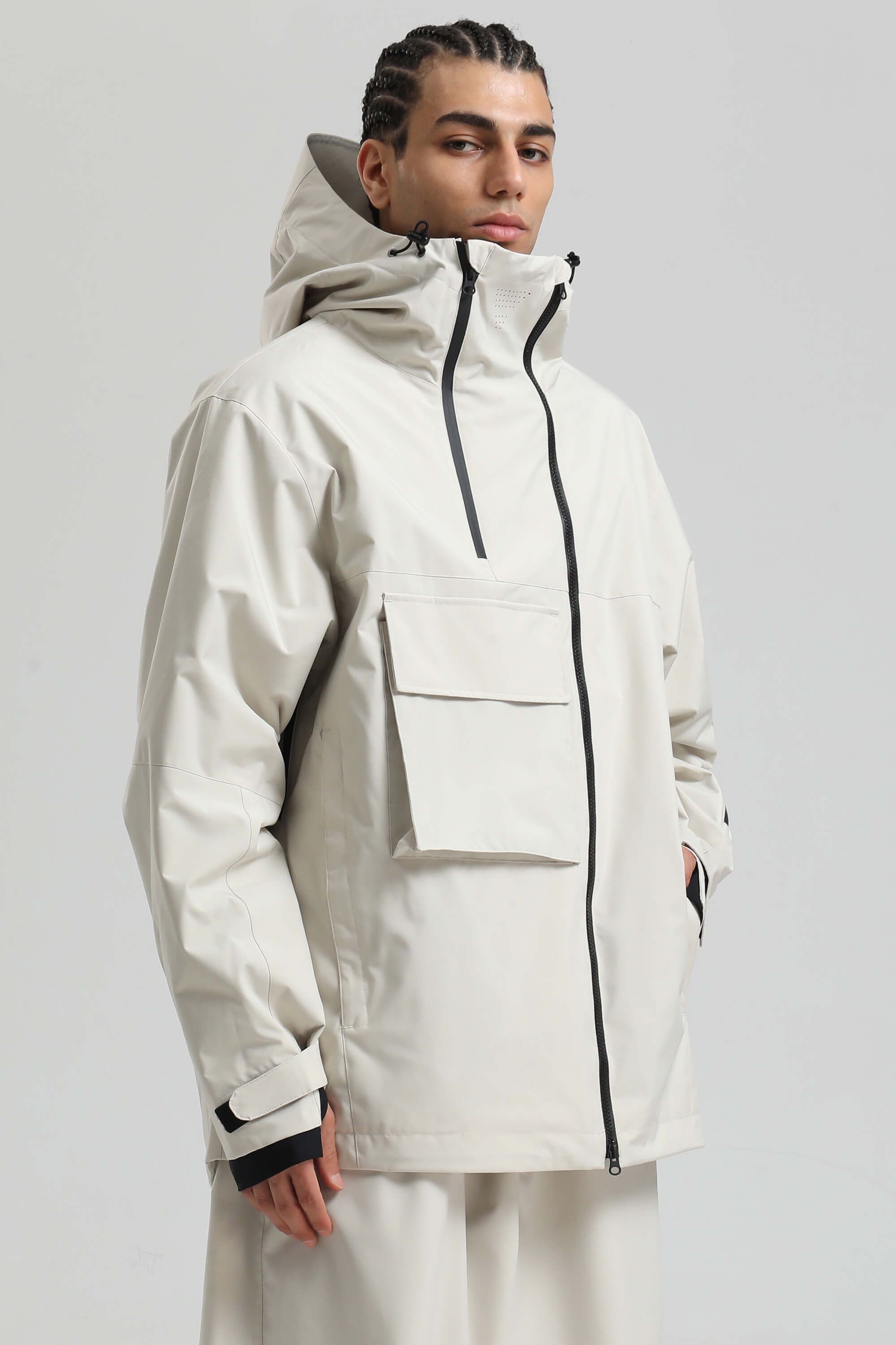 Men's Off White Asym-Zip Multi-Pocket Ski Jacket Utility Waterproof Snow Jacket