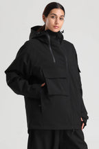 Women's Khaki & White Asym-Zip Multi-Pocket Ski Jacket Utility Waterproof Snow Jacket