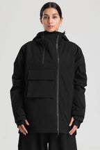 Women's Khaki & White Asym-Zip Multi-Pocket Ski Jacket Utility Waterproof Snow Jacket