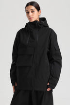 Women's Black Asym-Zip Multi-Pocket Ski Jacket Utility Waterproof Snow Jacket