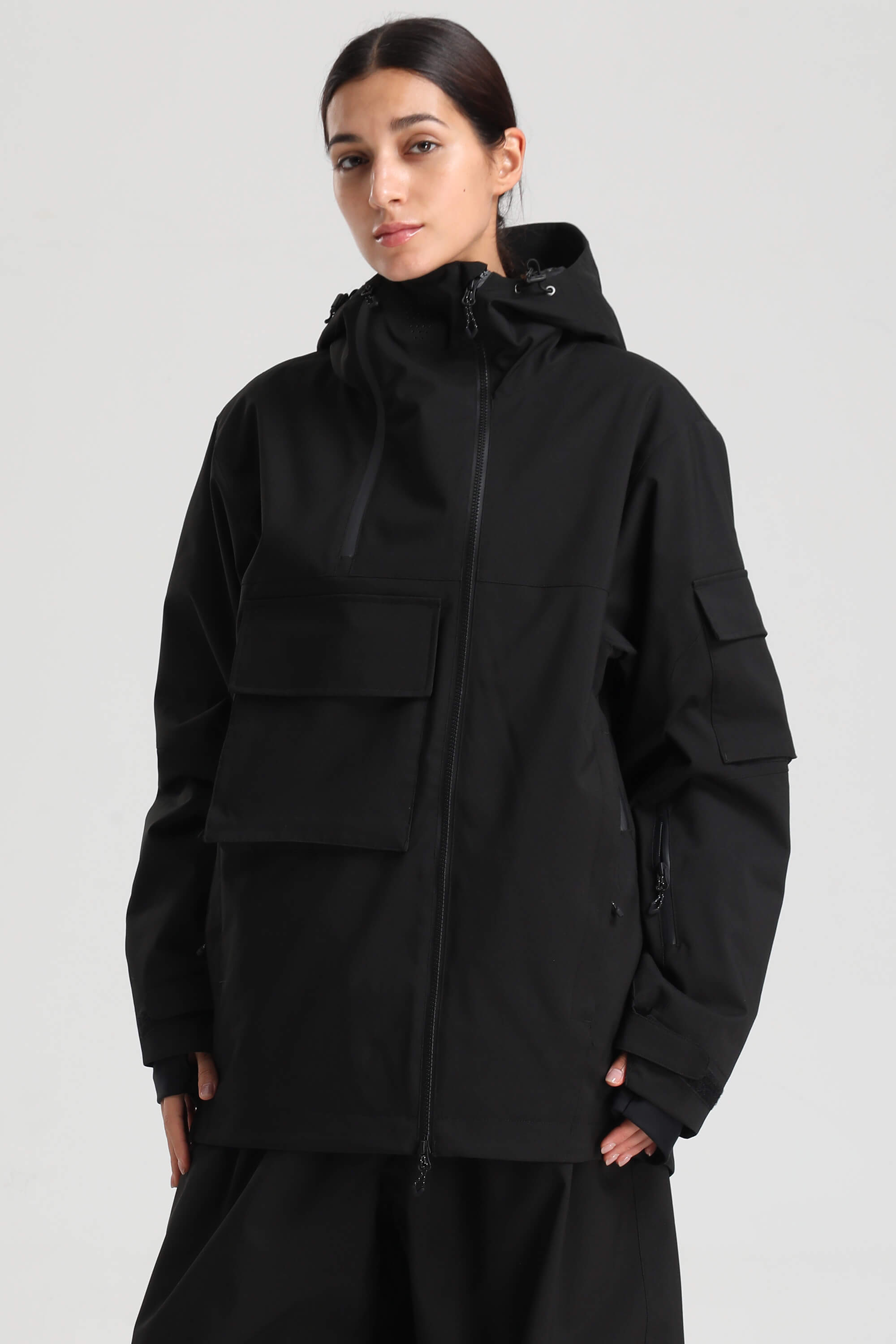 Women's Black Asym-Zip Multi-Pocket Ski Jacket Utility Waterproof Snow Jacket