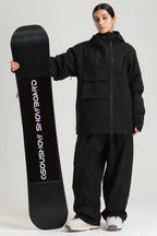 Women's Black Asym-Zip Multi-Pocket Ski Jacket Utility Waterproof Snow Jacket
