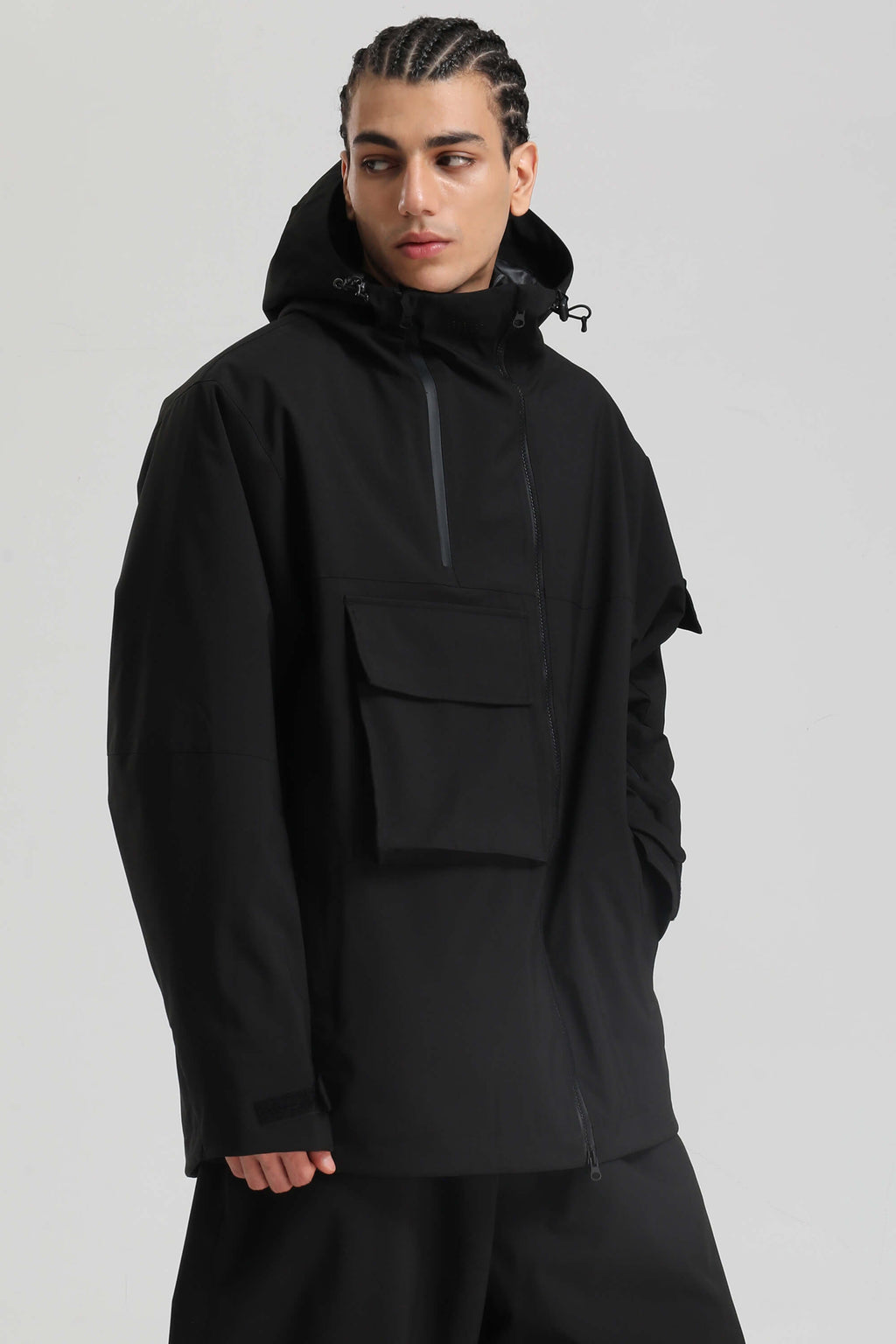 Men's Off White Asym-Zip Multi-Pocket Ski Jacket Utility Waterproof Snow Jacket